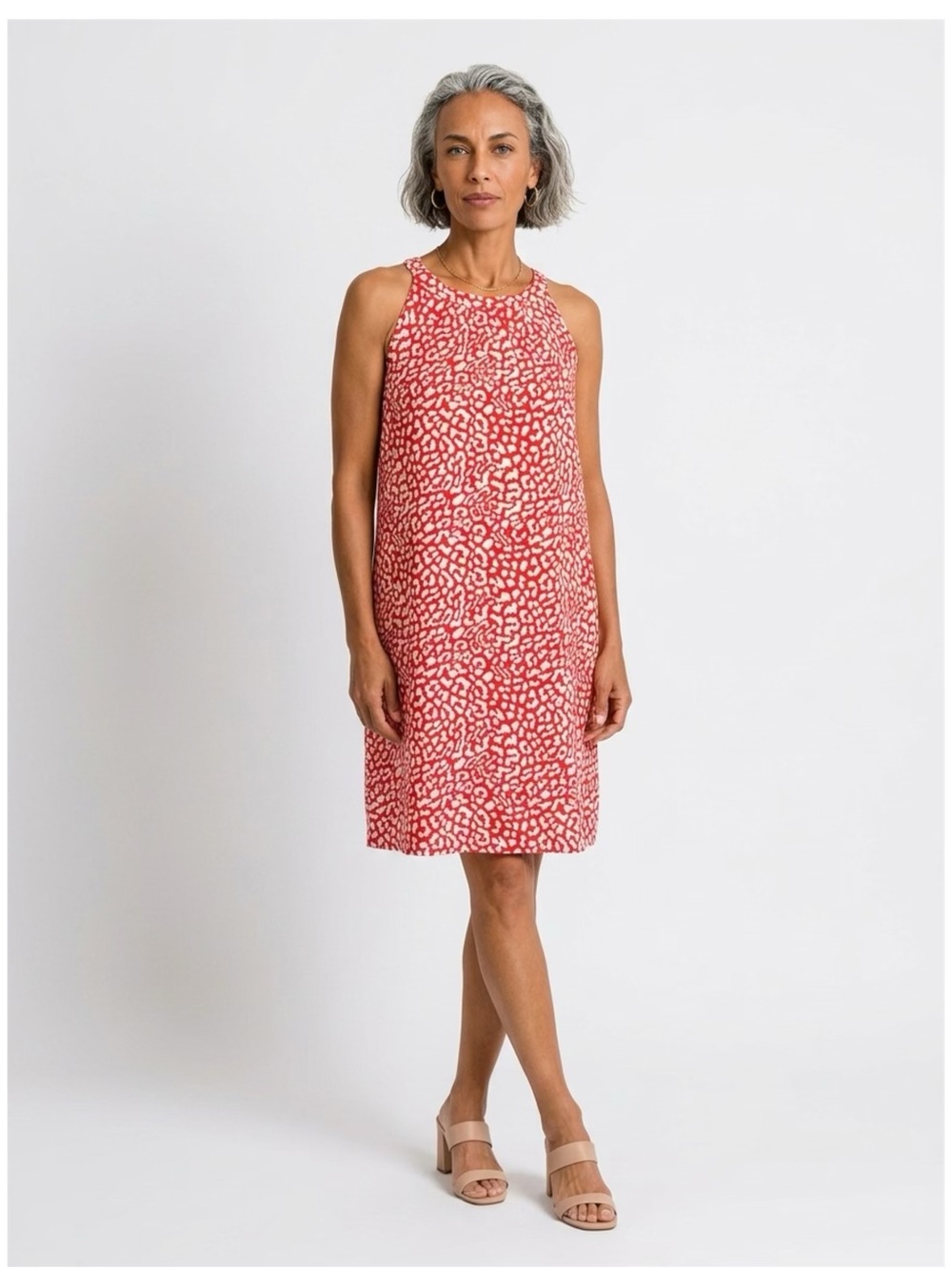 New York & Company Women's Red/White Animal Print Halter Shift Dress L Pockets